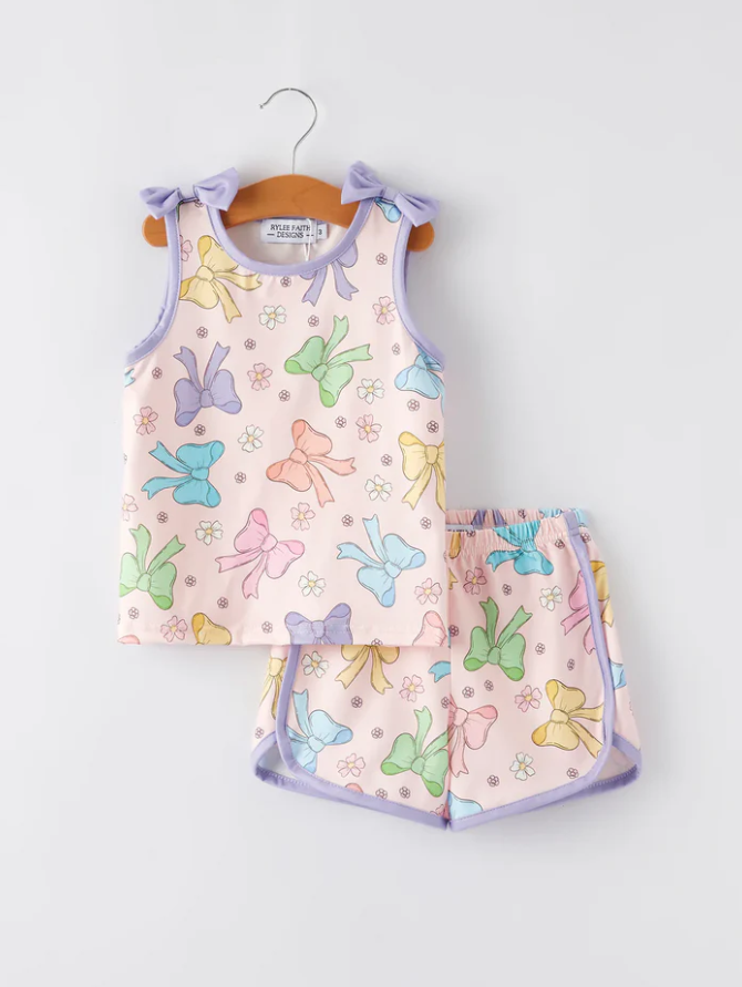 5.2 Preorder moq 5 Baby Girls Purple Bows Top Shorts Outfits Clothes Sets