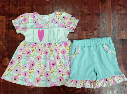 5.2 Preorder moq 5 Baby Girls Short Ruffle Sleeves Flowers I Love Dad Tunic Pockets Shorts Set