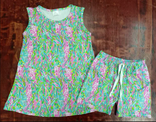 5.2 Preorder moq 5 Baby Girls Green Sleeveless Watercolor Floral Tunic Shorts Set