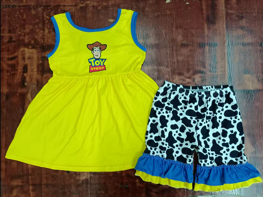 5.2 Preorder moq 5 Baby Girls Yellow Sleeveless Cartoon Toy Tunic Cow Print Ruffle Shorts Set