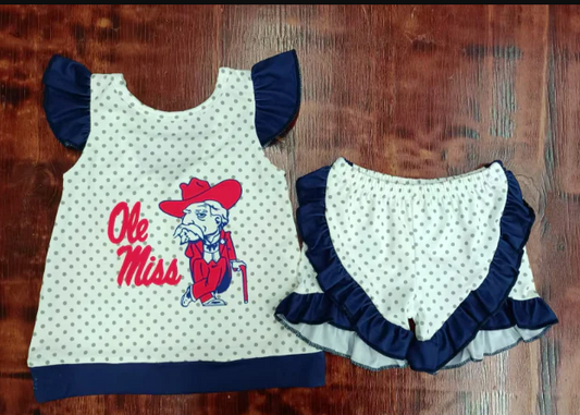 5.2 Preorder moq 5 Baby Girls Navy Flutter Sleeves Polka Dots Ole Miss Tunic Ruffle Short Sets