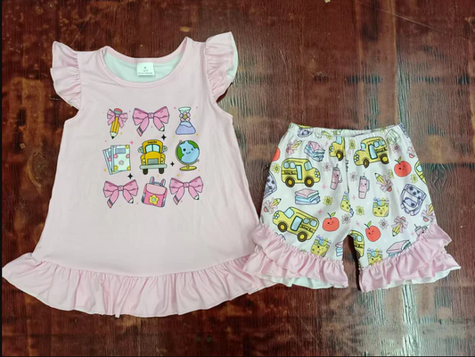 5.2 Preorder moq 5 Baby Girls Peach Flutter Sleeves Bows Pencils Tunic Ruffle Short Set