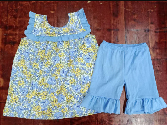 5.2 Preorder moq 5 Baby Girls Blue Sleeveless Floral Tunic Ruffle Short Sets