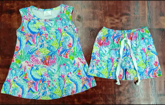 5.2 Preorder moq 5 Baby Girls Green Sleeveless Watercolor Sea Plants Tunic Short Sets