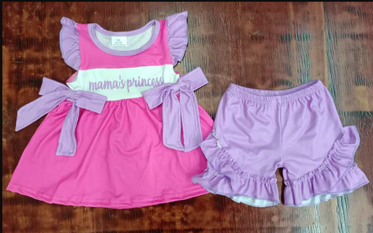 5.2 Preorder moq 5 Baby Girls Mama's Princess Lavender Bows Tunic Ruffle Shorts Set