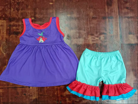 5.2 Preorder moq 5 Baby Girls Purple Sleeveless Mermaid Tunic Blue Ruffle Shorts Set