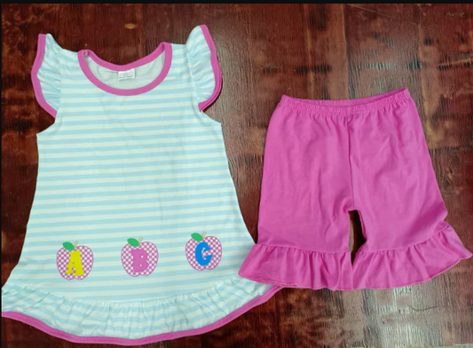 5.2 Preorder moq 5 Baby Girls Blue Stripe ABC Apples Tunic Ruffle Short Set