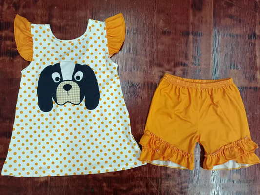 5.2 Preorder moq 5 Baby Girls Orange Flutter Sleeves Polka Dots Dog Bow Tunic Ruffle Short Set