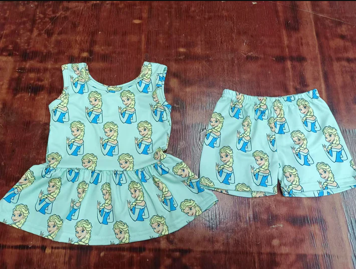 5.2 Preorder moq 5 Baby Girls Blue Sleeveless Princess Tunic Short Set