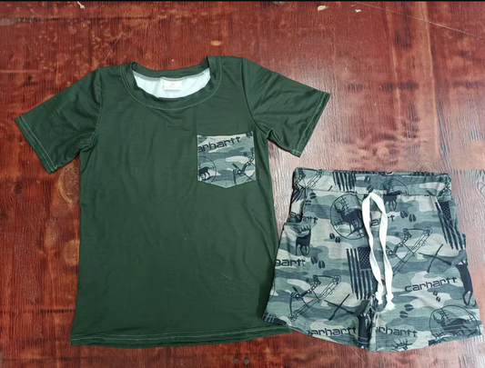 5.2 Preorder moq 5 Baby Boys Dark Green Pocket Top Carhartt Deer Shorts Set