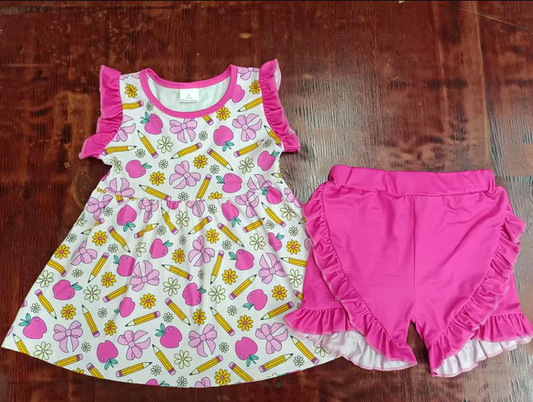 5.2 Preorder moq 5 Baby Girls Sleeveless Pencils Bows Tunic Pink Ruffle Shorts Back School Set