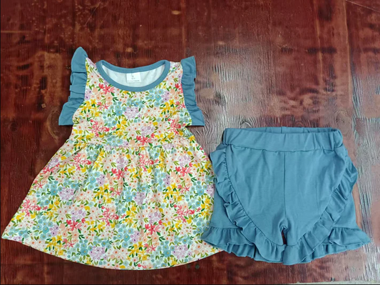 5.2 Preorder moq 5 Baby Girls Sleeveless Floral Tunic Blue Ruffle Shorts Set