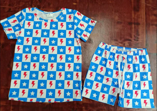 5.2 Preorder moq 5 Baby Boys Short Sleeves Blue Plaid Lightning Stars Top Shorts 4th Of July Pajamas Set