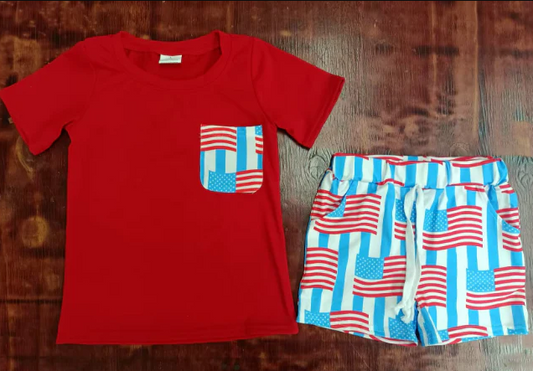 5.2 Preorder moq 5 Baby Boys Red Short Sleeves Pocket Top Flags Stripe Shorts 4th Of July Set