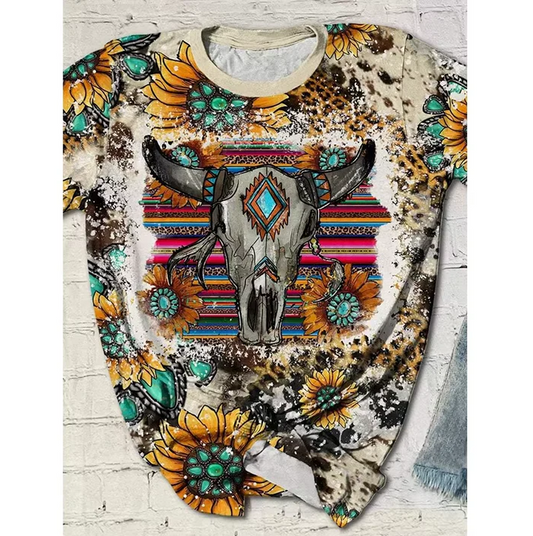 5.5 Preorder moq 5 Adult Women Western Cow Turquoise Sunflowers Bleached Tee Shirts Tops