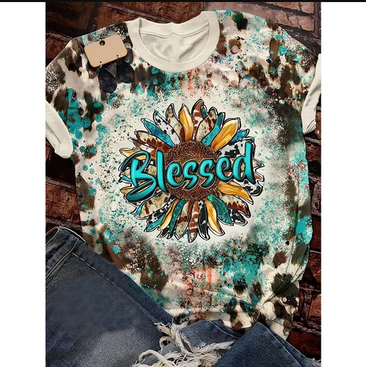 5.5 Preorder moq 5 Adult Women Western Blessed Sunflowers Bleached Tee Shirts Tops