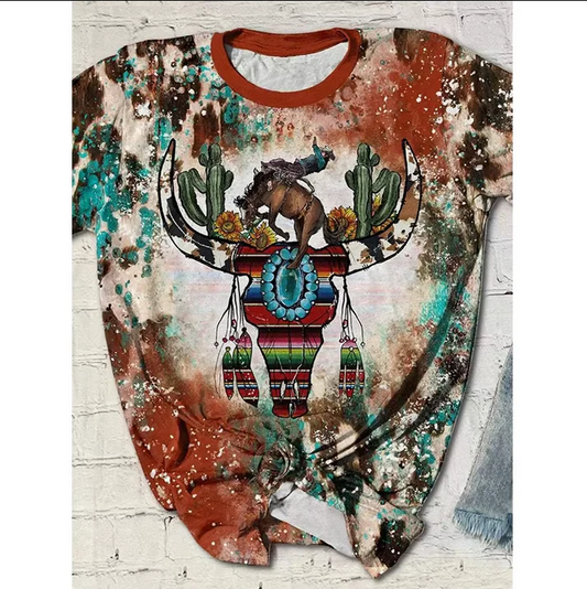 5.5 Preorder moq 5 Adult Women Western Cow Skull Rodeo Bleached Tee Shirts Tops