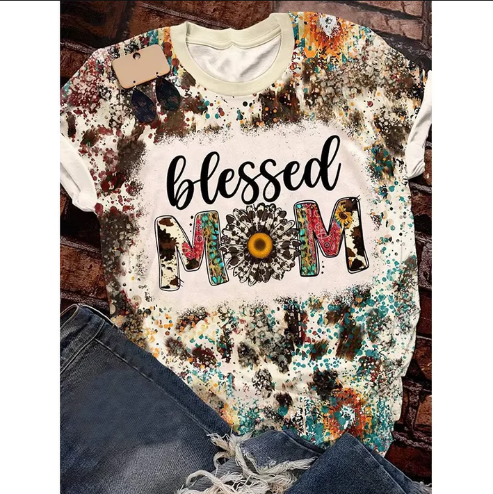 5.5 Preorder moq 5 Adult Women Western Blessed Mom Cowhide Bleached Tee Shirts Tops