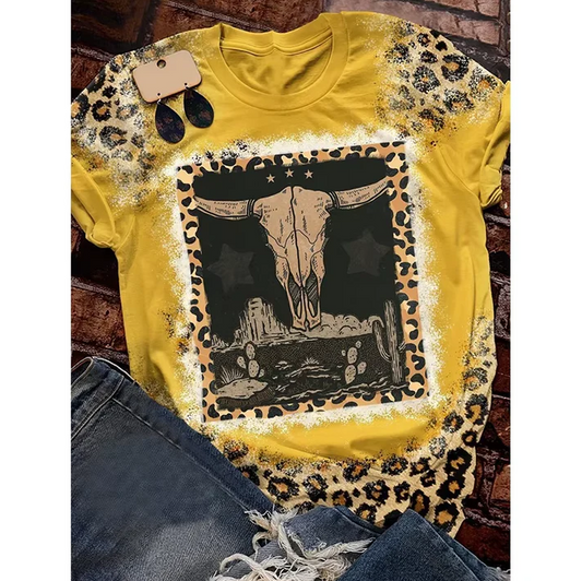 5.5 Preorder moq 5 Adult Women Western Cow Cactus Bleached Tee Shirts Tops