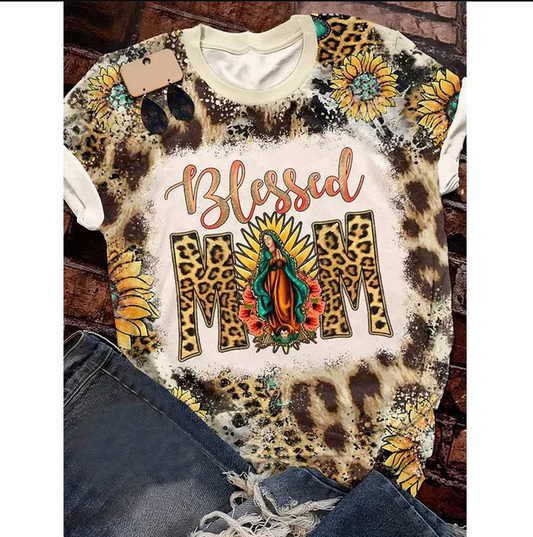 5.5 Preorder moq 5 Adult Women Western Blessed Mom Leopard Bleached Tee Shirts Tops