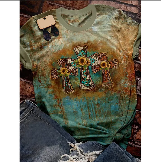 5.5 Preorder moq 5 Adult Women Western Cross sunflowers Bleached Tee Shirts Tops