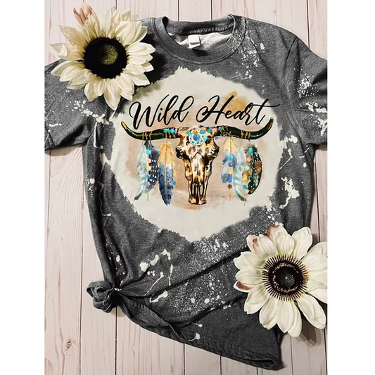 5.5 Preorder moq 5 Adult Women Western Wild Heart Cow Feather Bleached Tee Shirts Tops