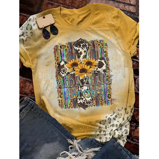 5.5 Preorder moq 5 Adult Women Western Cross Sunflowers Bleached Tee Shirts Tops