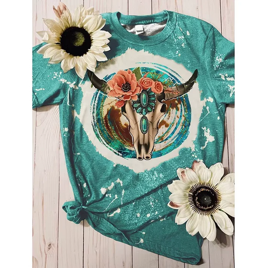 5.5 Preorder moq 5 Adult Women Western Cow Turquoise Bleached Tee Shirts Tops