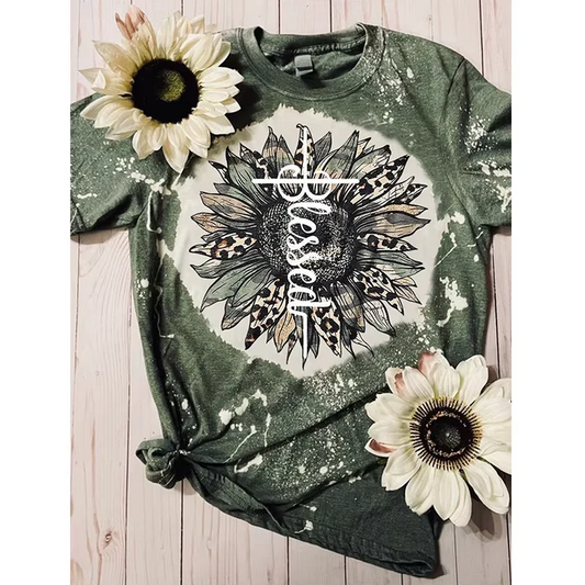 5.5 Preorder moq 5 Adult Women Western Blessed Sunflower Bleached Tee Shirts Tops