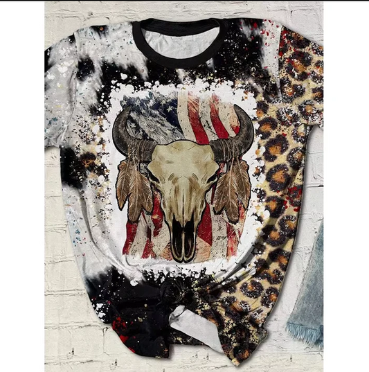5.5 Preorder moq 5 Adult Women Western 4th July Cow Bleached Tee Shirts Tops