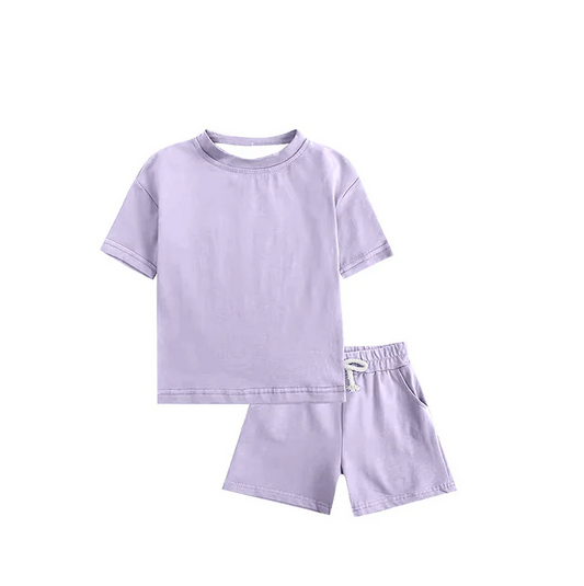 5.5 Preorder moq 5 Baby Girls Lavender Cotton Short Sleeves Top Pockets Shorts Sets