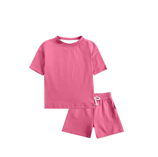 5.5 Preorder moq 5 Baby Girls Pink Cotton Short Sleeves Top Pockets Shorts Sets