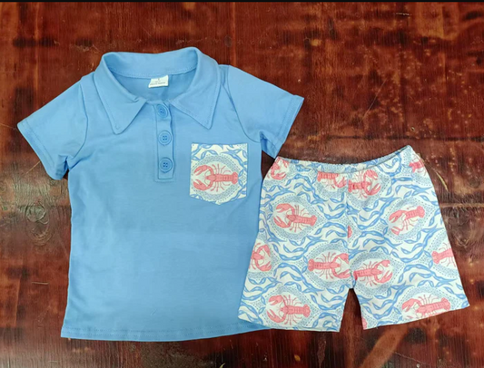 5.5 Preorder moq 5 Baby Boys Blue Short Sleeves Button Pocket Top Crayfishes Shorts Set