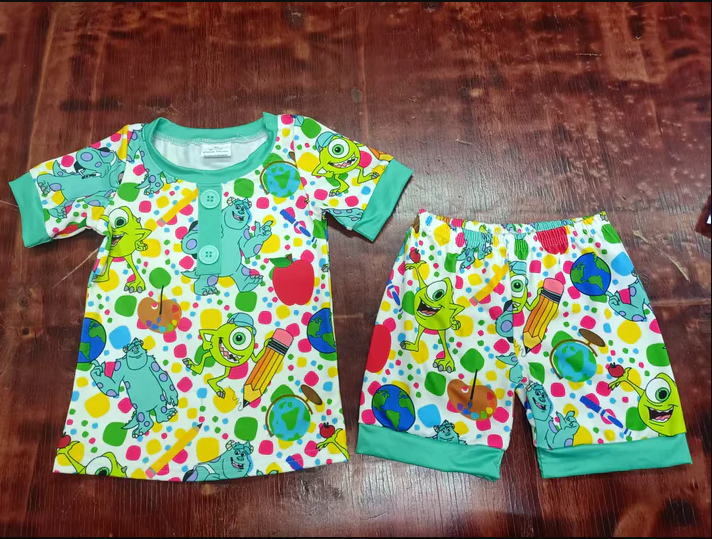 5.5 Preorder moq 5 Baby Girls Short Sleeves Button Cartoon Eyes Back To School Top Shorts Pajamas Set