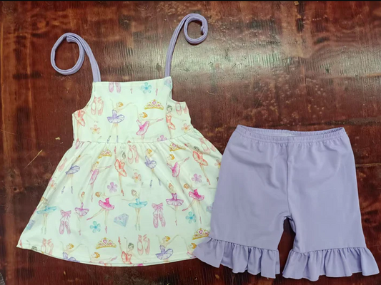 5.5 Preorder moq 5 Baby Girls Lavender Strap Flowers Dancers Tunic Ruffle Shorts Set