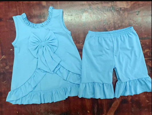 5.5 Preorder moq 5 Baby Girls Blue Sleeveless Bows Tunic Ruffle Shorts Set