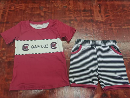 5.5 Preorder moq 5 Baby Boys Red Short Sleeves Gamecocks Top Stripe Pockets Short Set