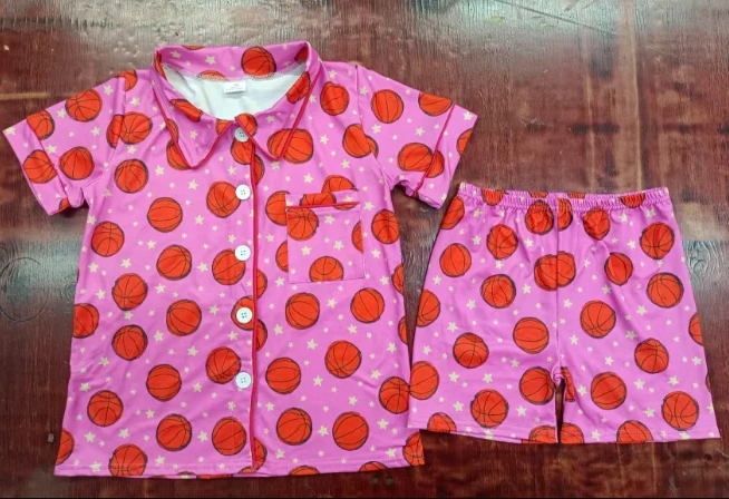 5.6 Preorder moq 5 Baby Girls Pink Short Sleeves Basketballs Stars Button Pocket Top Short Pajamas Set