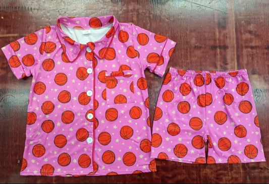 5.6 Preorder moq 5 Baby Girls Pink Short Sleeves Basketballs Stars Button Pocket Top Short Pajamas Set