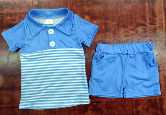 5.6 Preorder moq 5 Baby Boys Blue Short Sleeves Stripe Button Top Pockets Short Set