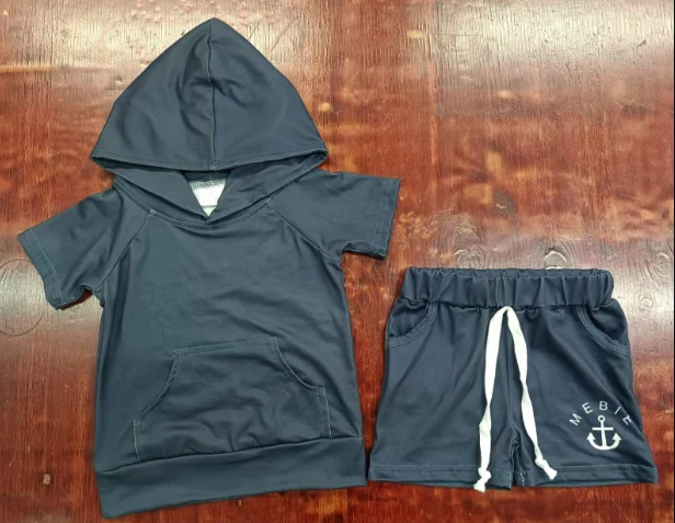 5.6 Preorder moq 5 Baby Boys Black Short Sleeves Pocket Hoodie Top Short With Belt Set