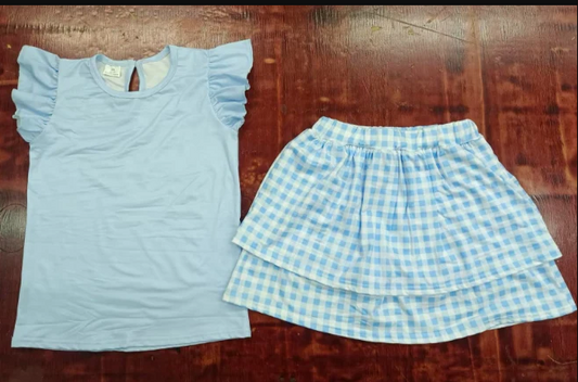 5.6 Preorder moq 5 Baby Girls Light Blue Flutter Sleeves Top Plaid Skirts Set