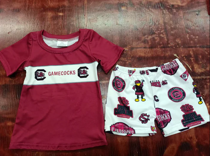 5.6 Preorder moq 5 Baby Boys Dark Red Short Sleeves Gamecocks C Top Short Team Set