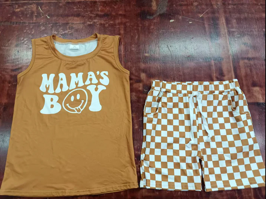 5.6 Preorder moq 5 Baby Boys Sleeveless Mama's Boy Vest Top Brown Plaid Pockets Short Set