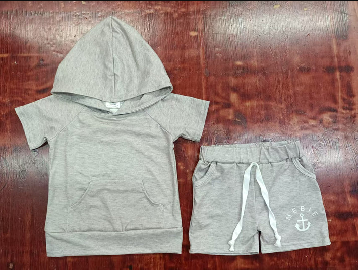 5.6 Preorder moq 5 Baby Boys Gray Short Sleeves Pocket Hoodies Top Pockets Short Set