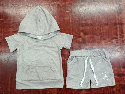 5.6 Preorder moq 5 Baby Boys Gray Short Sleeves Pocket Hoodies Top Pockets Short Set