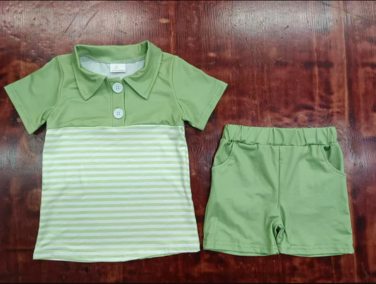 5.6 Preorder moq 5 Baby Boys Green Stripe Short Sleeves Button Top Pockets Short Set