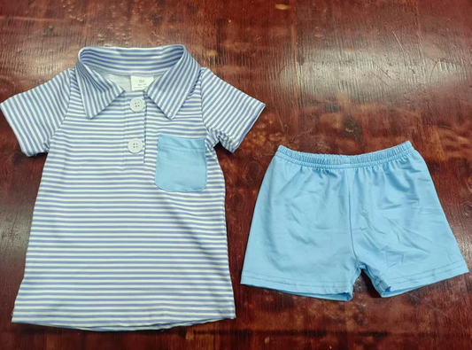 5.6 Preorder moq 5 Baby Boys Blue Stripe Pocket Button Pullovers Top Short Set