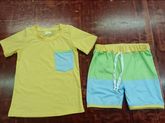 5.6 Preorder moq 5 Baby Boys Yellow Short Sleeves Pocket Top Patchwork Short With Belt Set
