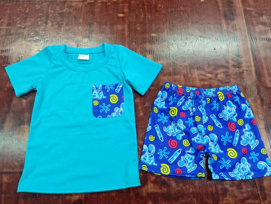5.6 Preorder moq 5 Baby Boys Blue Short Sleeves Pocket Top Back To School Short Set